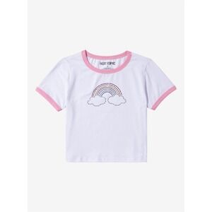 Hot Topic Rainbow Rhinestone Crop Top Womens XL White Pink Trim Y2K Graphic Tee